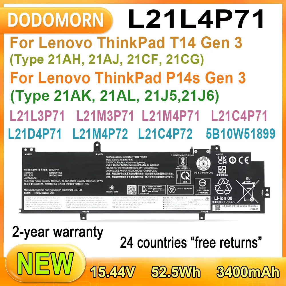 

New L21L4P71 Laptop Battery For Lenovo ThinkPad T14 Gen 3/P14s Gen 3 serie L21L3P71 L21M3P71 L21M4P71 L21C4P71 L21D4P71 L21M4P72