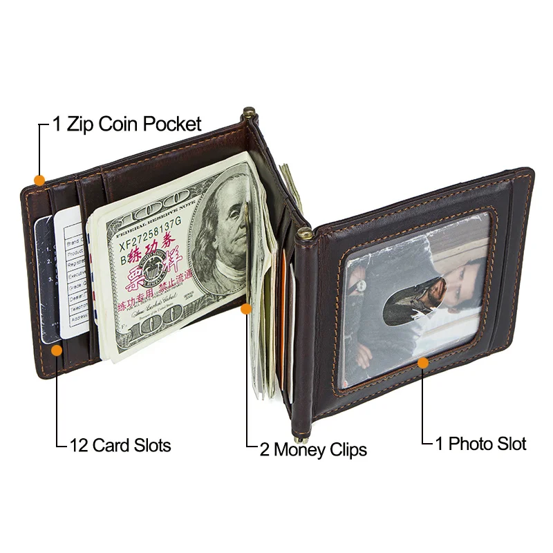 Imagem -03 - Crazy Horse Couro Couro Rfid Money Clip Slim Card Wallet Trifold Suporte Masculino Braçadeira de Dinheiro Zip Coin Pocket Couro