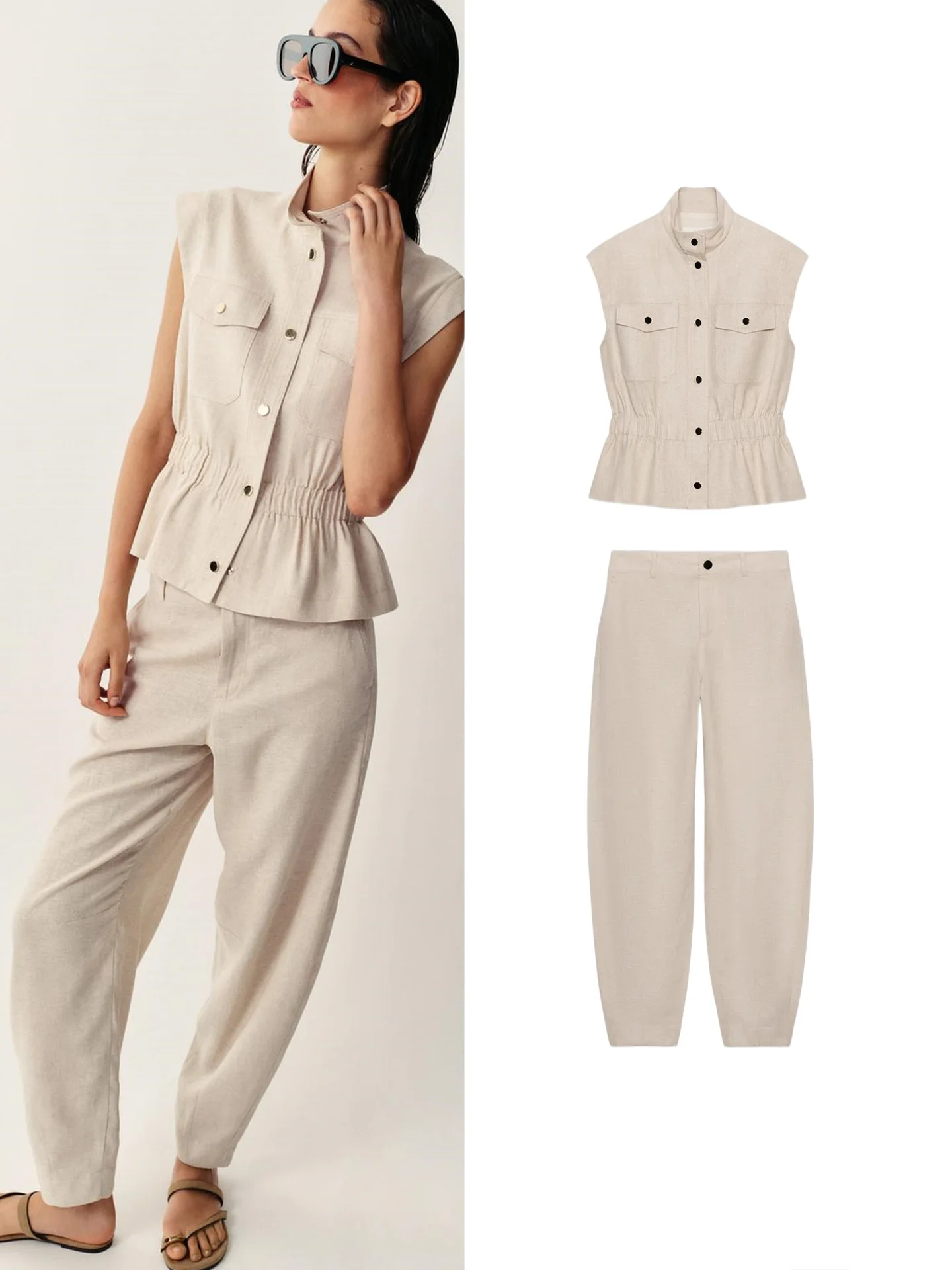 Decorative Bucket Vest without Sleeves Stand Collar Flip Cover Pocket mid Waist Zipper Style Long Pants Fashion Set for Women