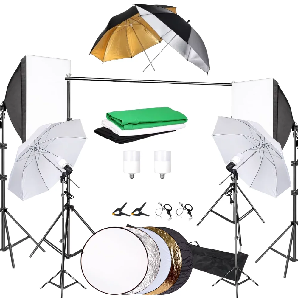 

Photography Stand Kit 2.6x3M Photo Background 3 Colors Backdrops 83cm Umbrella Softbox 2M Tripod Portable Photo Studio Backdrop
