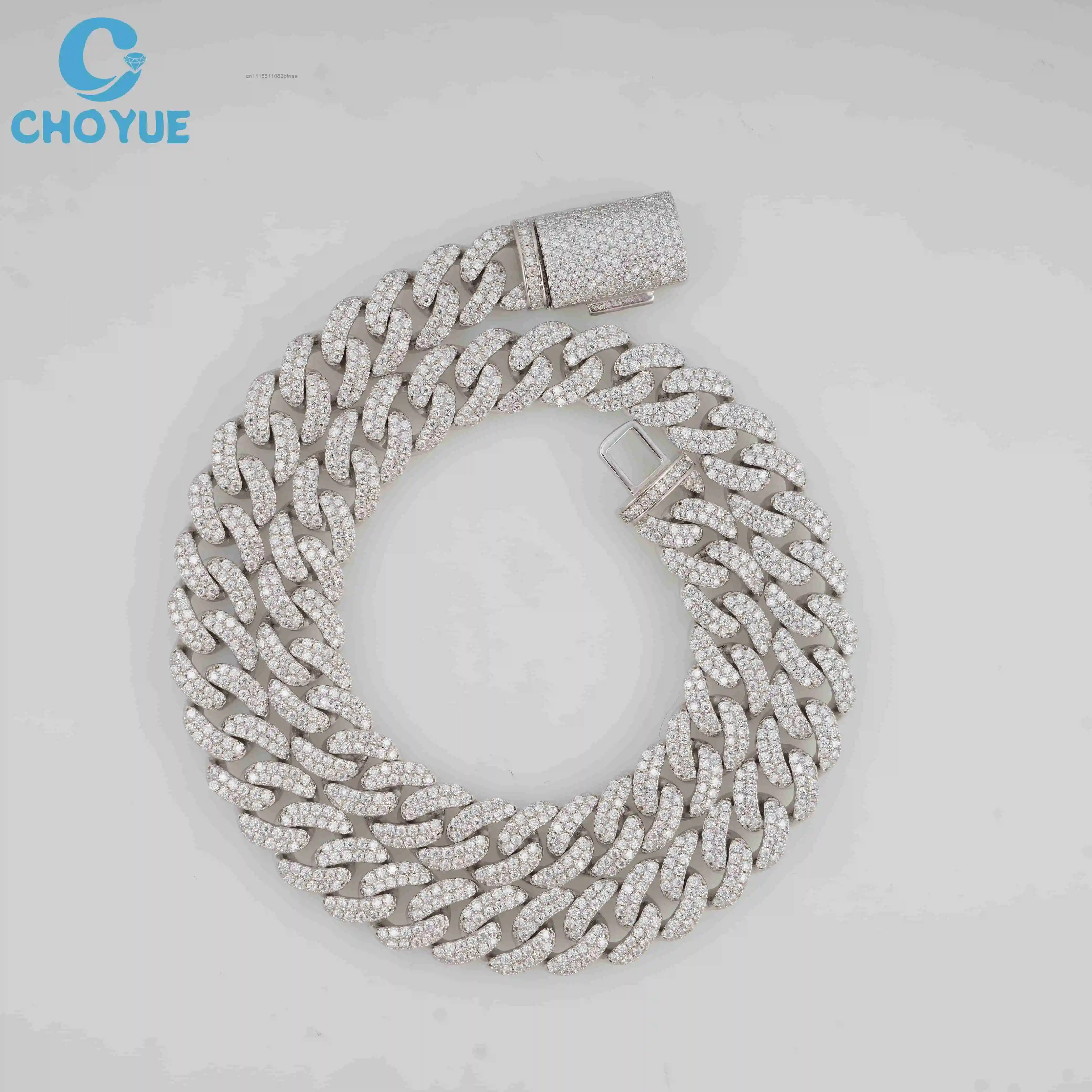 Moissanite Cuban Link Chain Necklace 925 Silver Rhodium Plated VVS Brilliant Cut Micro Pave Iced Unisex Luxury Fashion Gift，
