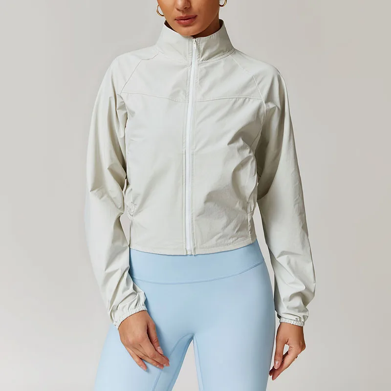 Veste de sport à col montant pour femme, mince, coupe-vent, course en plein air, fitness, yoga à manches longues, veste trempée, nouveau