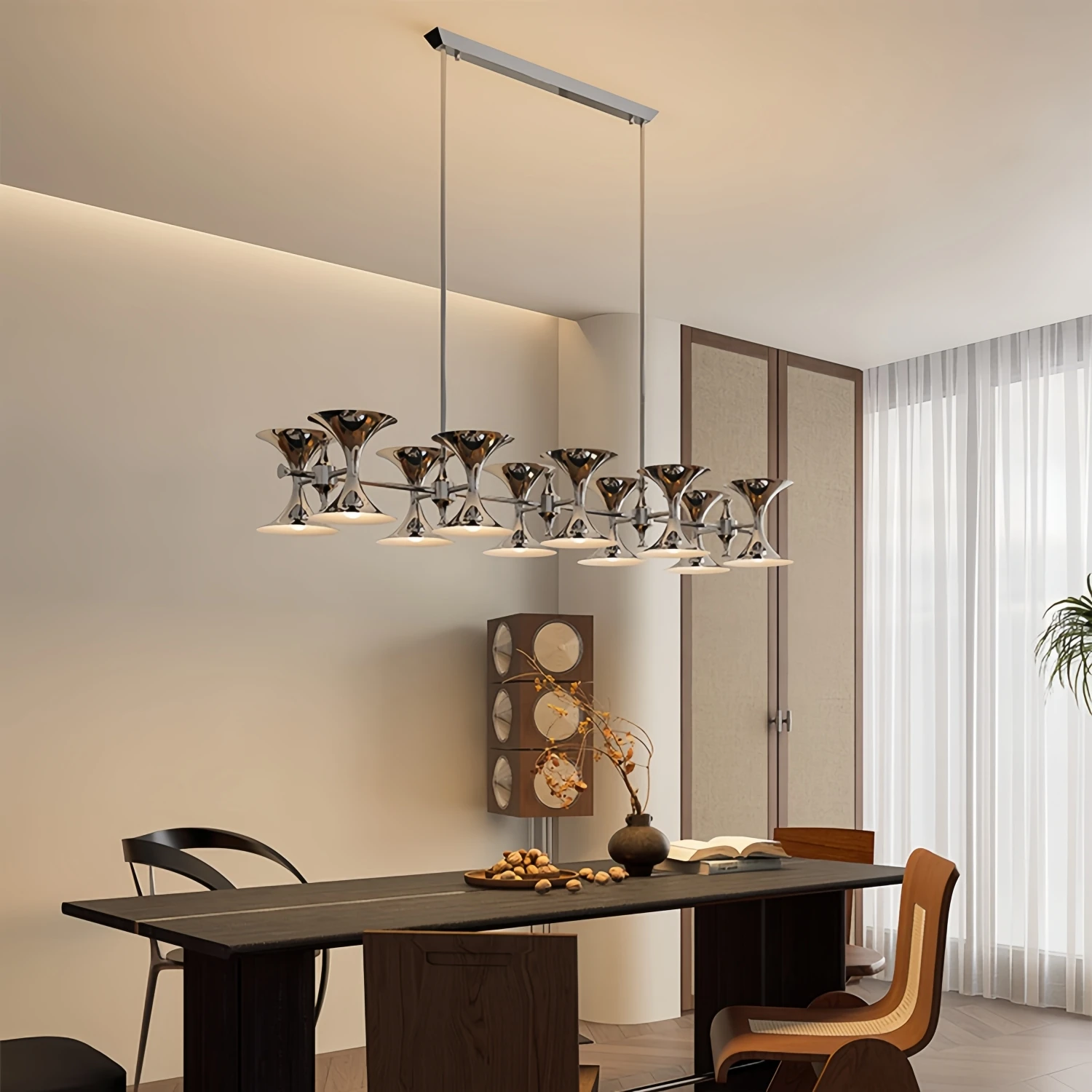 

Bauhaus Chrome Dining Room Chandelier Modern Designer Silver Horn Pendant Light for Hotel Bar Counter Decor Ceiling Light