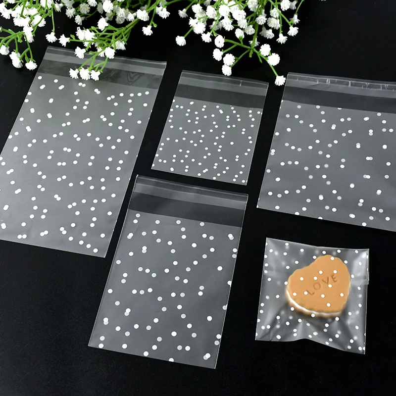 100Pcs 4 Sizes Transparent Dot Candy Bag Cookie Plastic Self Adhesive Jewelry Bags For Wedding Birthday Party Gift Pakcing Pouch