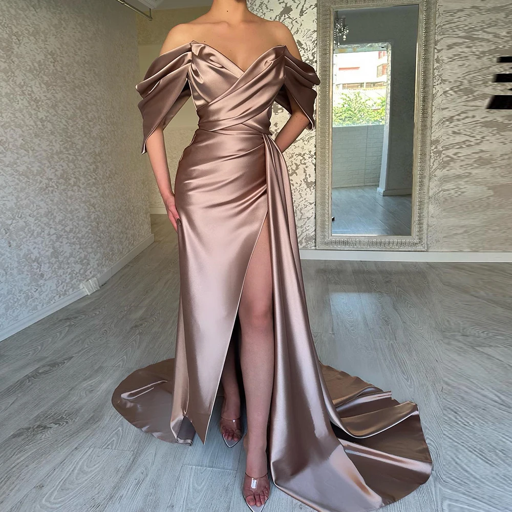 CustomizedOff the Shoulder v-neck Front Silt Satin Sweep Train Pleats elegant luxury evening dress 2024 Wedding Party Sleeveless