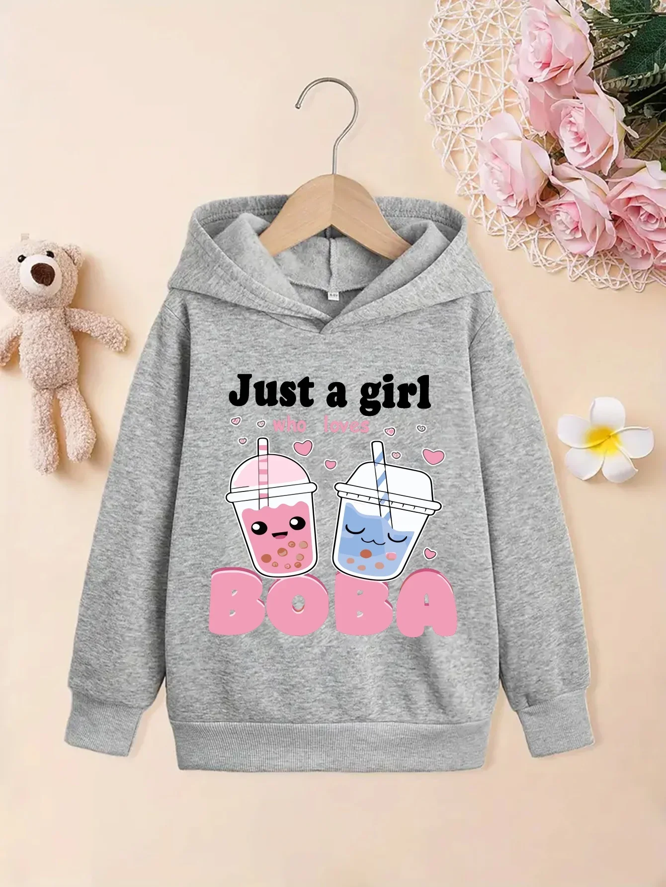Kids Kawaii Boba Tea Print Hoodie Just A Girl Who Loves Boba Pullover Autumn Winter Fleece Warm Cute Children Hooded Sweatshirt