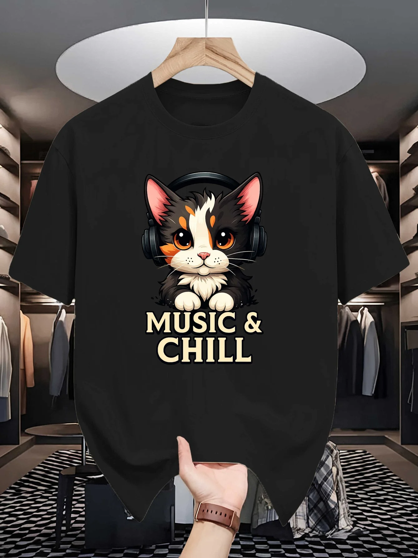 Cat With Headphones Music And Chill Graphic Mens Crew Neck T Shirt Cartoon Pet Print Short Sleeve Casual Cotton Daily Street Top
