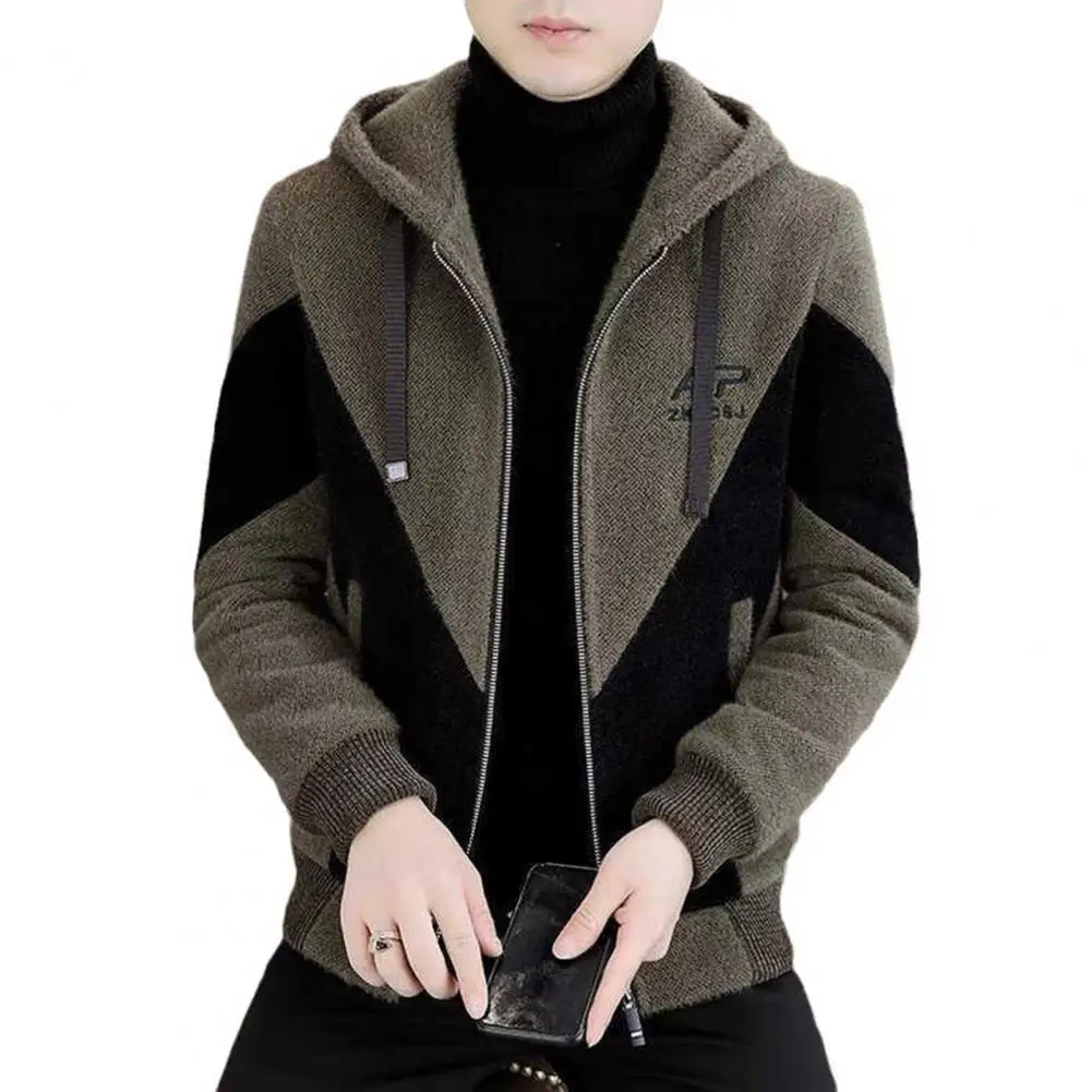 Color Matching Men Jacket Men's Hooded Drawstring Jacket with Color Matching Thick Soft Winter Coat for Plus Size Long Sleeve