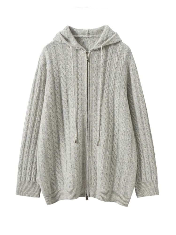 

MEETCC Women's 100% Cashmere Cardigan Cable Knitted Hoodie Sweater Double Zippered Lace Up Autumn Winter Fashion Korean Coat