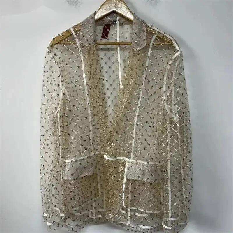 Embroidered Sequin Sheer Mesh Men's Suit Jacket Trendy Design Layered Personalized Fashion Long Sleeve Blazer DV47
