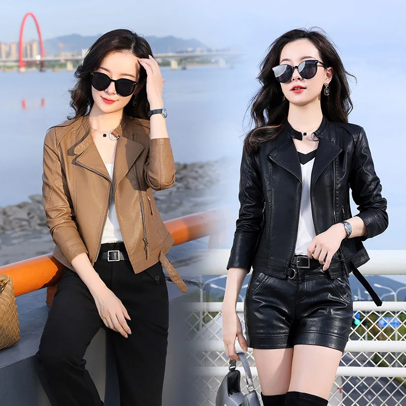 2024 Spring and Autumn Clothing  Stand up Collar Genuine Leather Coat Women's Short Fashion Motorcycle Sheepskin Jacket