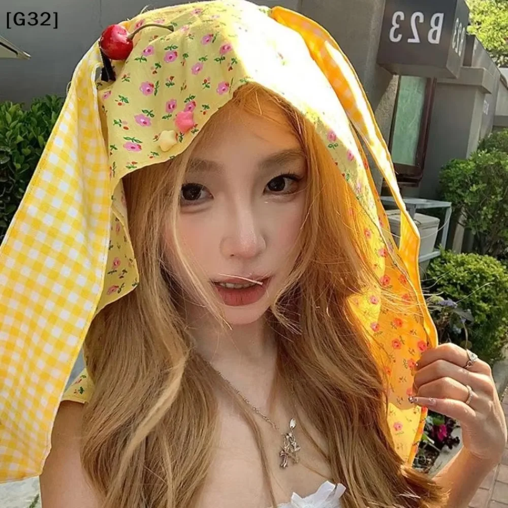 Cute Cherry Fruit Decor Rabbit Ears Hat Strap Band Plaid Yellow Beret Strap Headband Women Girl