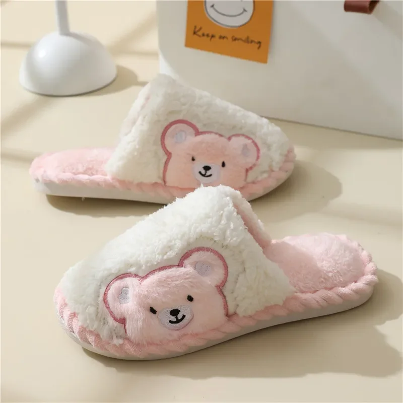 Cute Furry Cotton Slippers Women Winter Cartoon Rabbit Fur Slippers Indoor Warm Soft Bottom Anti-slip Plush Slippers