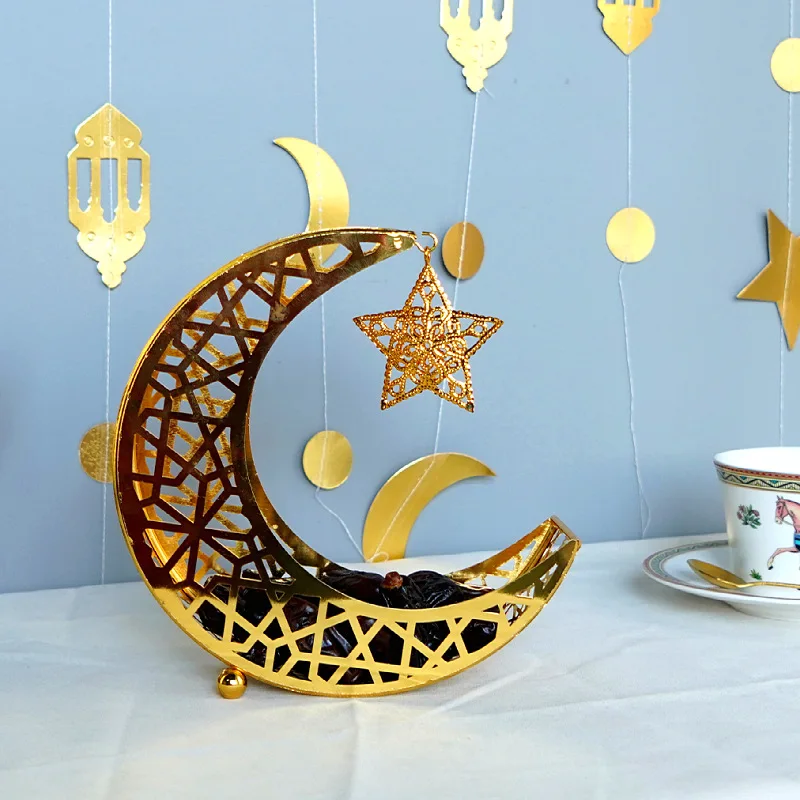 Golden Moon Star Candy Dessert Tray Islamic Festival Ornament Eid Mubarak Iron Plate 2024 Ramadan Home Party Decorations