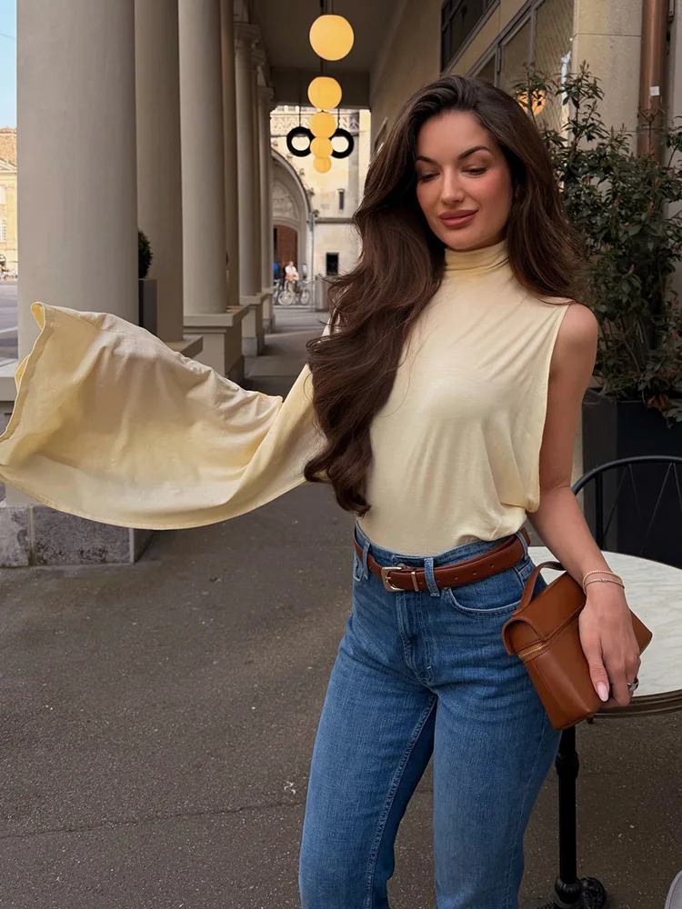 HH Women 2026 Spring Fashion Versatile High Neck Drape Asymmetric Top Female Elegant Slim High Street Casual Commuting Party Top