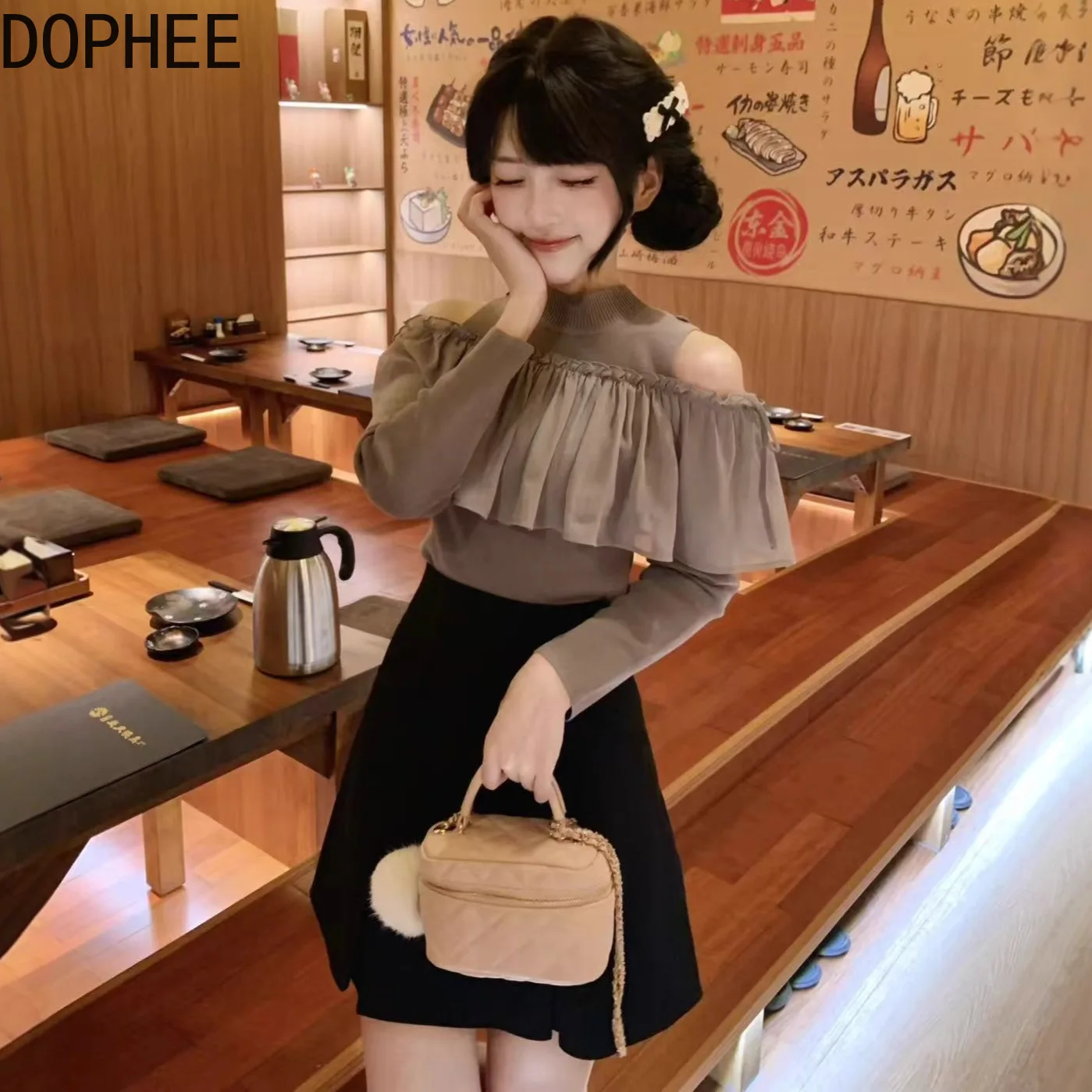 Japanese 2026 New Spring Summer Off Shoulder Round Neck Slim Knitted Shirts Elegant Ruffles Sweet Long Sleeve Pullover Sweater