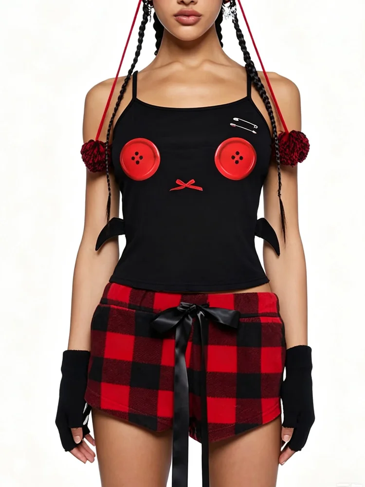 Halloween Y2K Dark Sweet Cool Style 3D Small Wings Strap Pin Button Printed Women's Spicy Girl Tank Top Summer