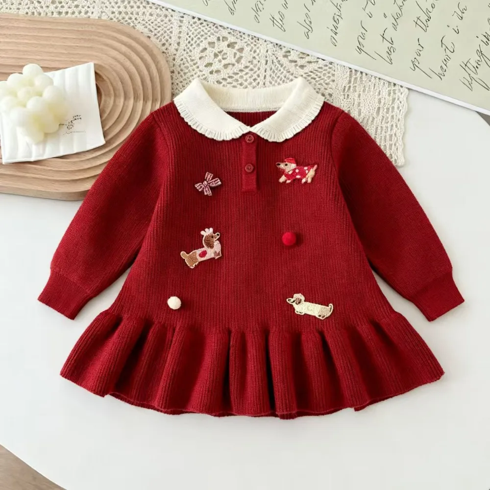 New Autumn Winter Girls Knitted Princess Dress, Cute Stylish Cartoon Sweater Dress With Peter Pan Collar For Baby Girls