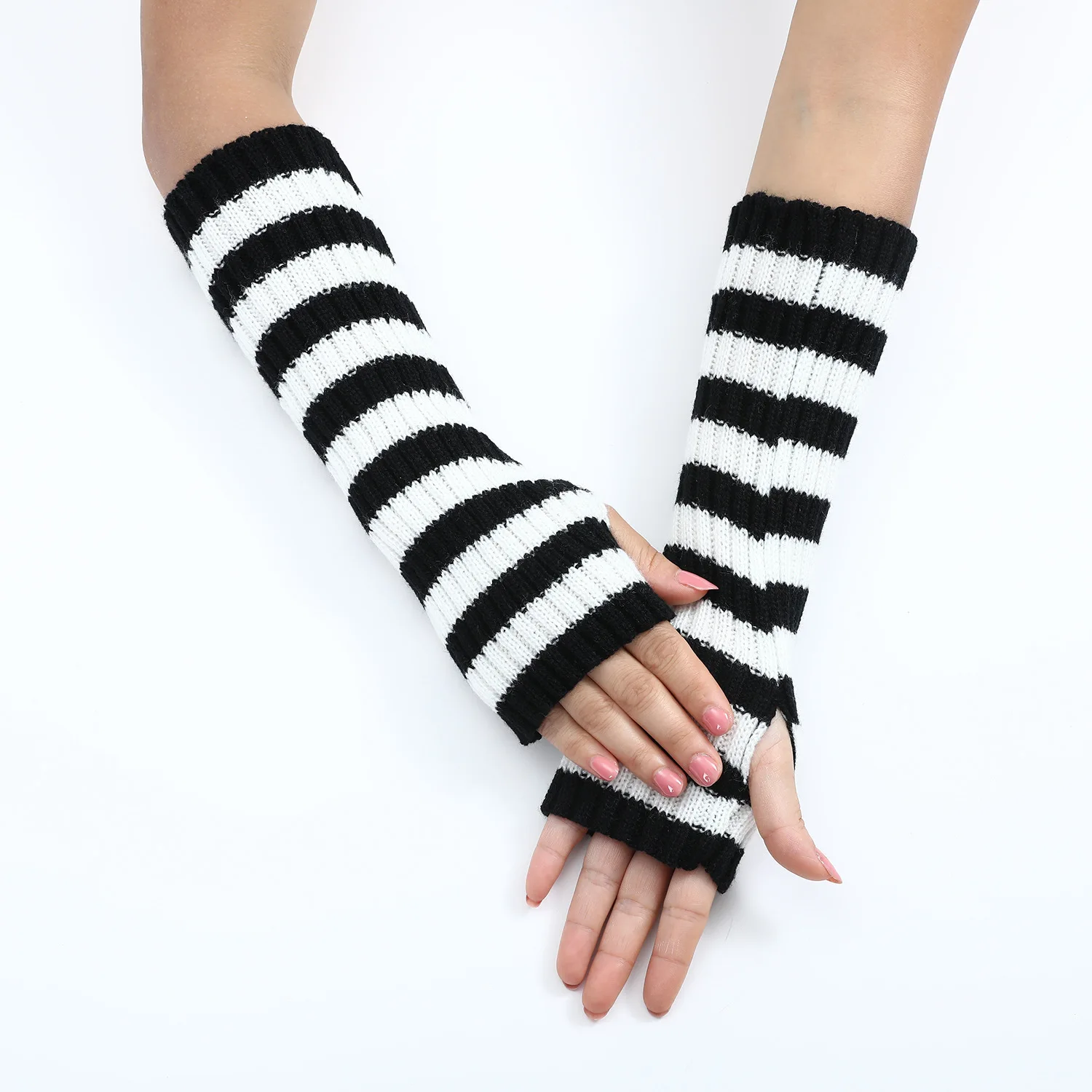 Y2K Striped Fingerless Arm Warmers Women Daily Wear Gothic Lolita Gloves Knit Sleeves Stretch Autumn Winter JK Cosplay Arm Cover - view 3