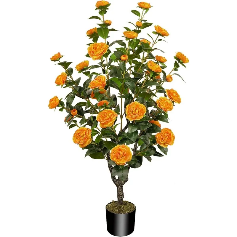 

45"/3.7FT Artificial Tree with Camellia Flowers Fake Tree with 32 Blooming Flowers Orange Tree (Including Dried Moss)