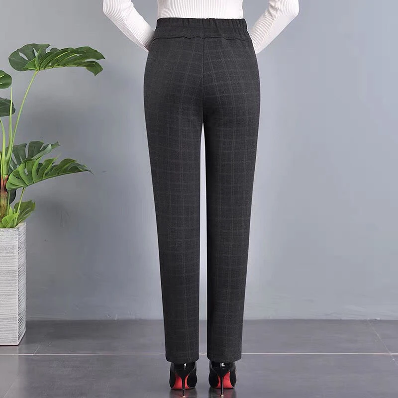 Autumn Winter Women Elegant Fashion Slim Plush Warm Pencil Pants Office Lady Elastic High Waist Plaid Striped Trousers Clothing