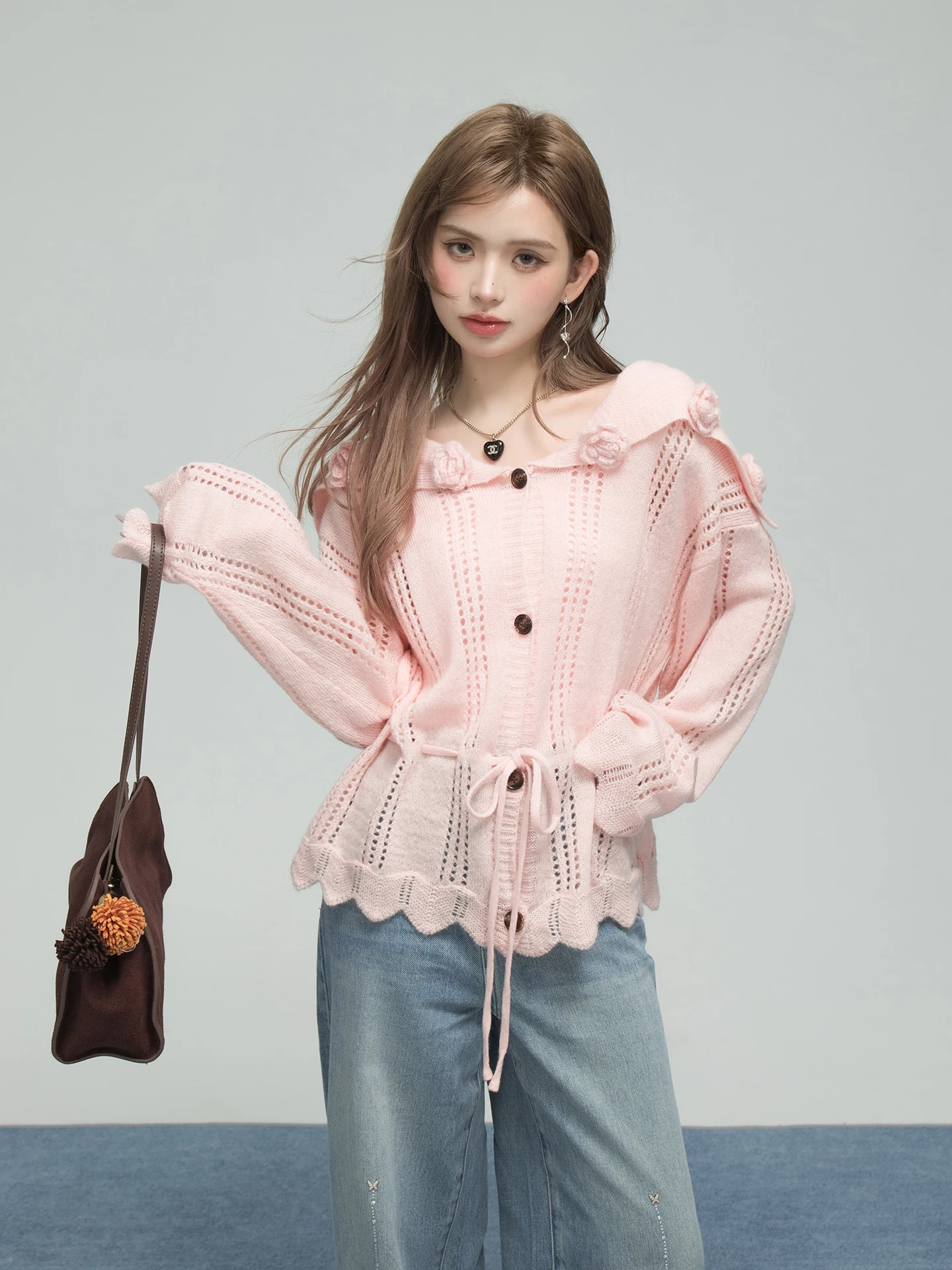 

ONEOFUUU Gentle Senior Student Knitted Cardigan Sweater Set Waist-Cinching 3D Floral Design Long Sve Korean Sle Women's ...