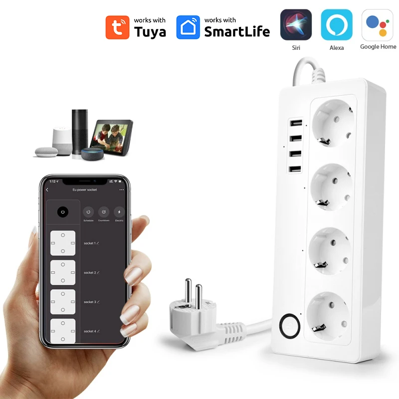 

Tuya Wifi Smart Power Strip Plug 4 EU Socket Outlets With 4 USB Port Timing Voice Control Works With Alexa Assistant