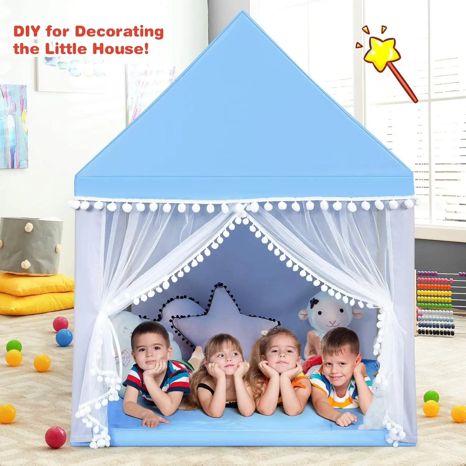 Tente de jeu pour enfants, grande maison de jeu avec tapis lavable, fenêtres, cadre en bois massif, tente de princesse intérieure et extérieure pour enfants garçons et filles