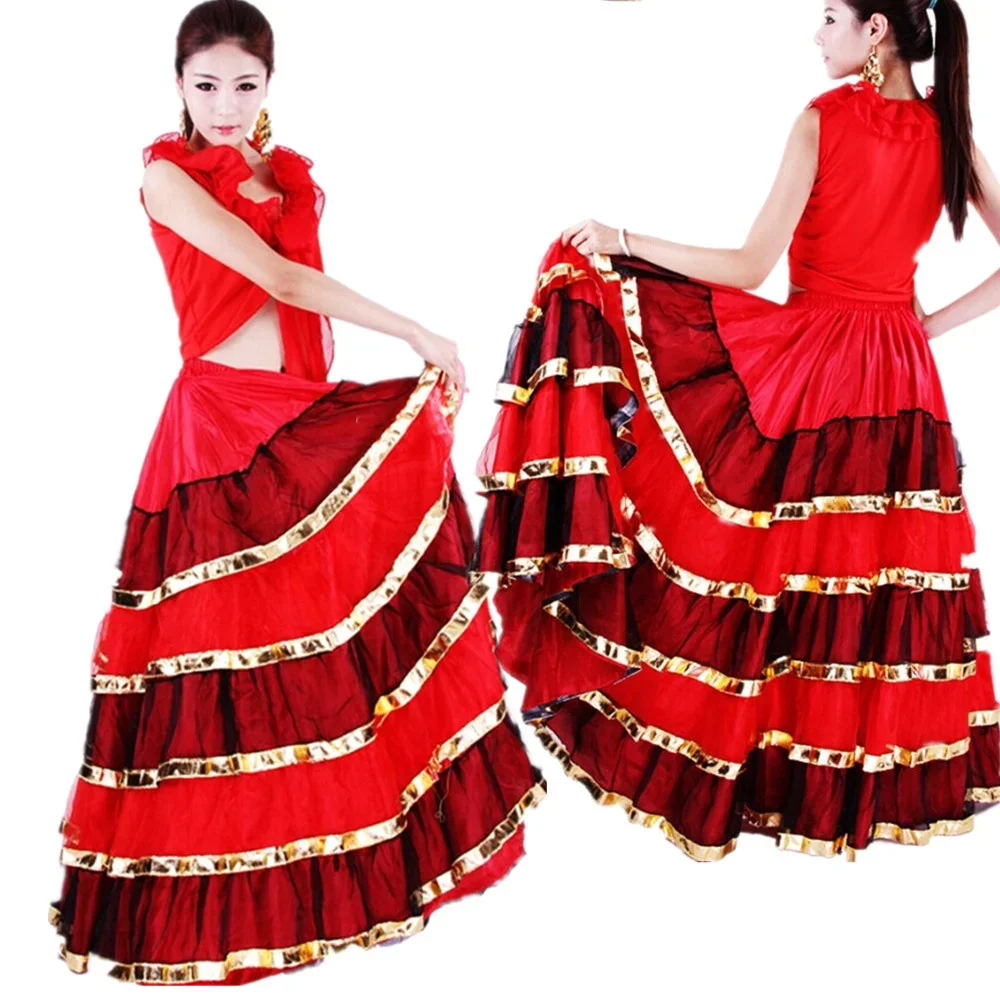 Women Ballroom Spanish Flamenco Dance Skirt Red Dancer Fancy Dress Costume Belly Dancing Skirts 360/540/720 Degree