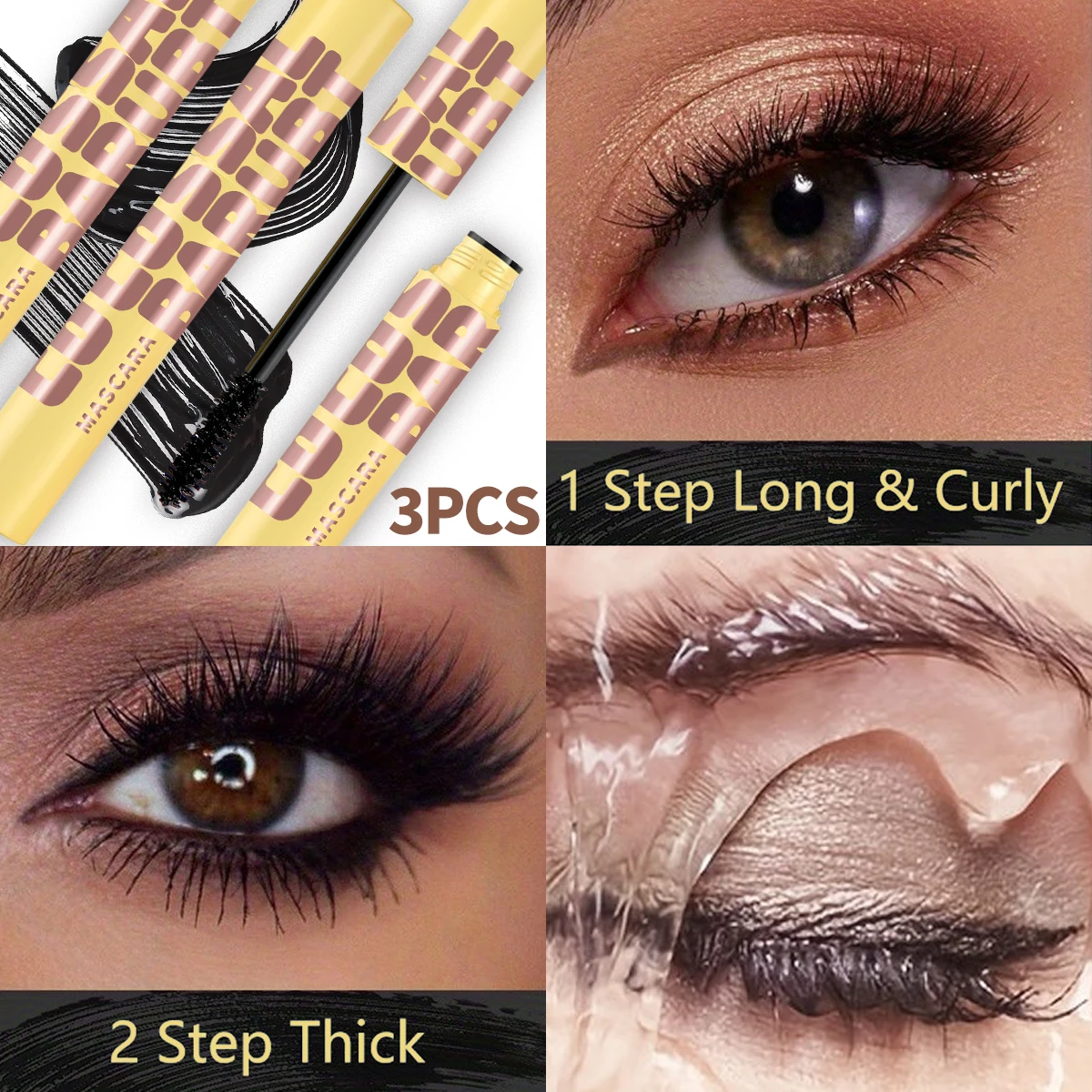 3pcs Curly Thick Waterproof Mascara, Anti-Smudge Curly Extended Style, Can Be Used in Combination, Must-Have Beauty Makeup