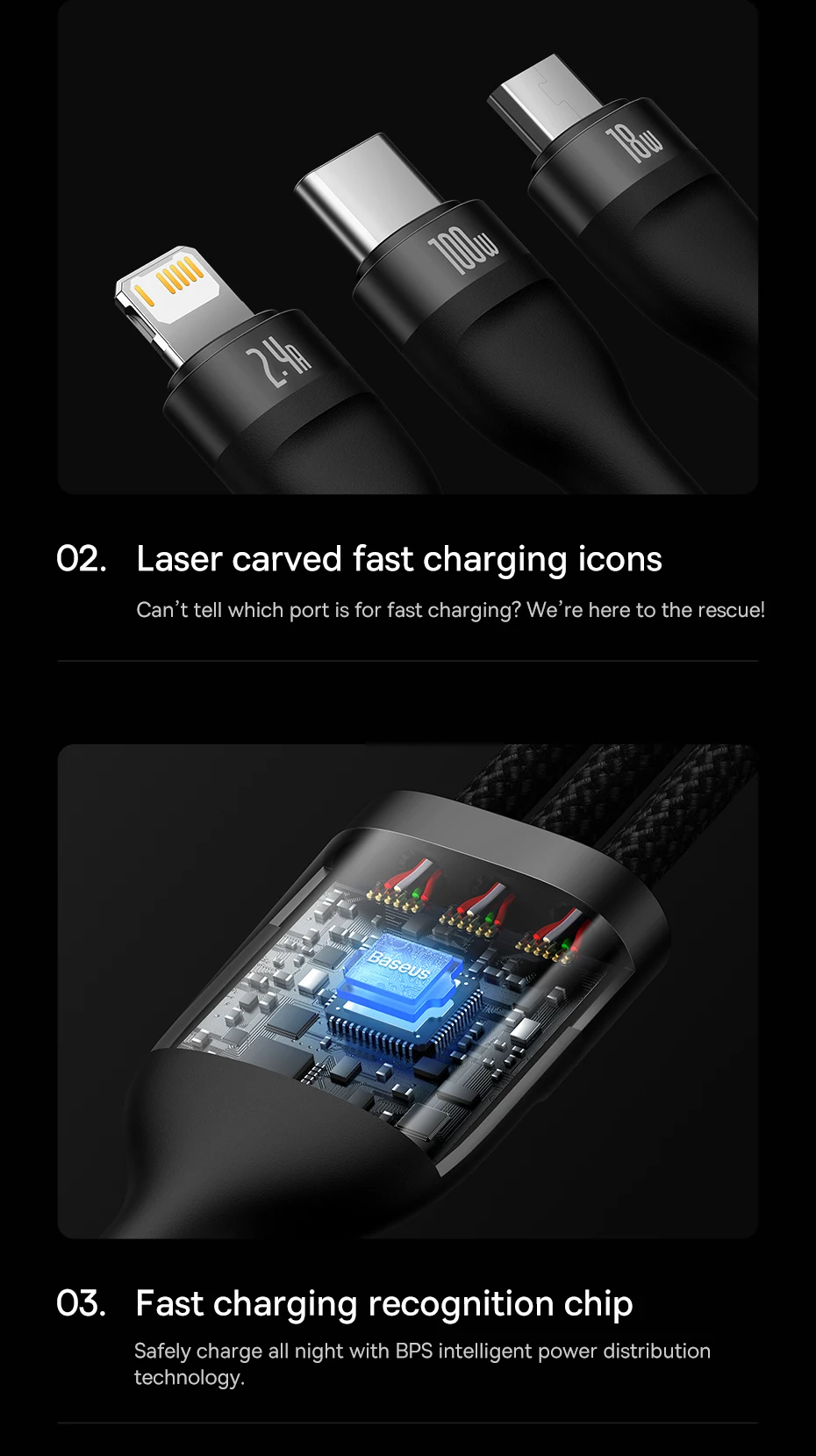 Cable USB Tipo C 3 en 1 Baseus, Cable de Carga Rápida de 100W para Honor 50 Pro, Cargador para Teléfono Xiaomi Samsung, 