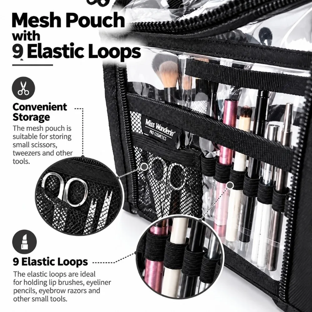 Waterproof Makeup Organizer Bag Elastic Brush Loop Mesh Pocket Cosmetic Storage Case PVC Lip Product Organizer