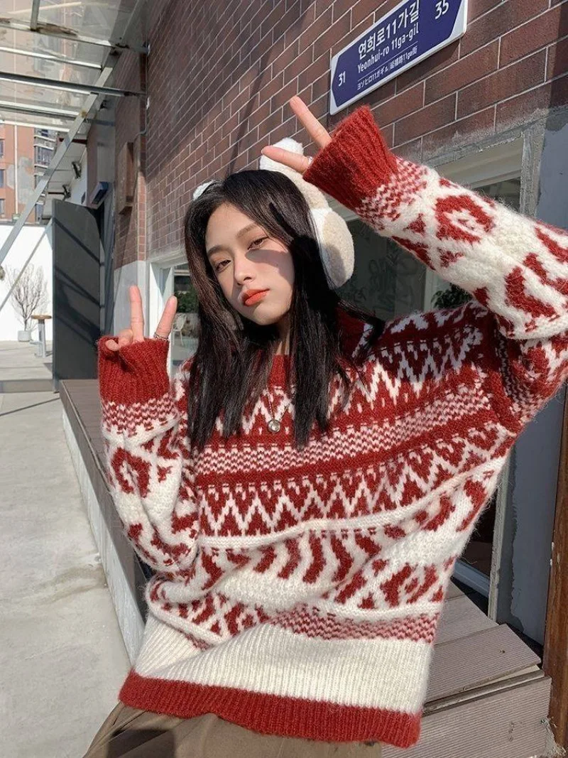 Vintage Print Christmas Style Red Pullovers Women O-Neck Sweet Casual Knitted Tops New Year Sweaters Y2k Sueter Mujer American