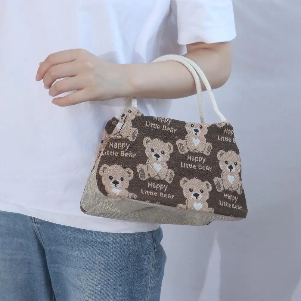 

Сумка с милым мультяшным узором и мультяшным медведем, большая вместительная сумка, льняная ручная сумка, большая сумка, сумка для обеда в корейском стиле, дорожная сумка