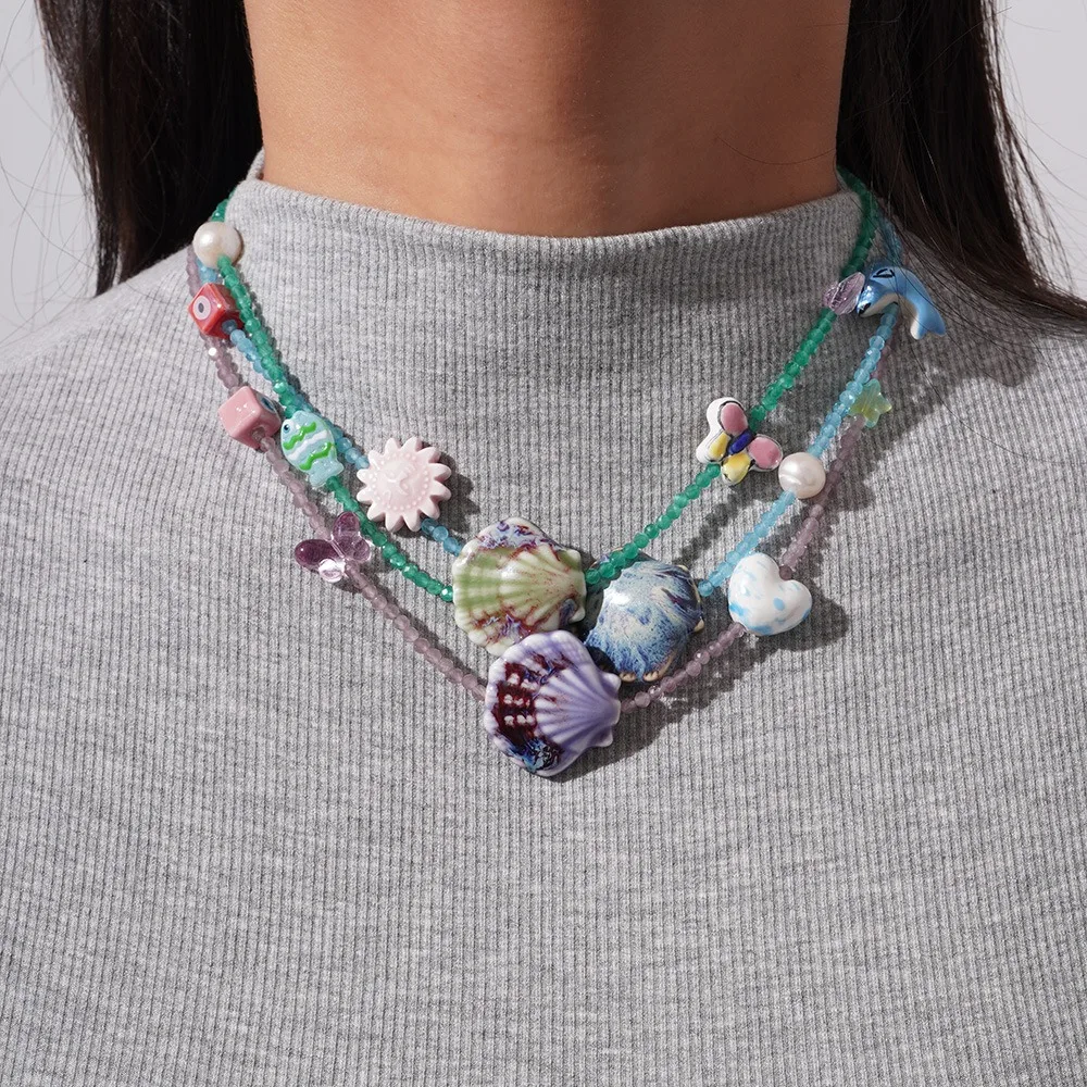 

Creative Crystal Conch Shell Necklace Sea Beach Jewelry Shell Pendant Necklace Pearl Ceramic Ocean Style Beach Choker Summer