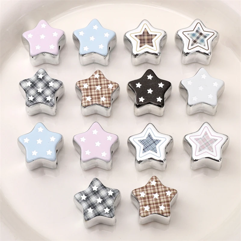 1Pc/bag 22*14mm Multicolored Acrylic Silver Background Grid Pattern Star Print Pentagram Scattered Beads For DIY Jewelry Making