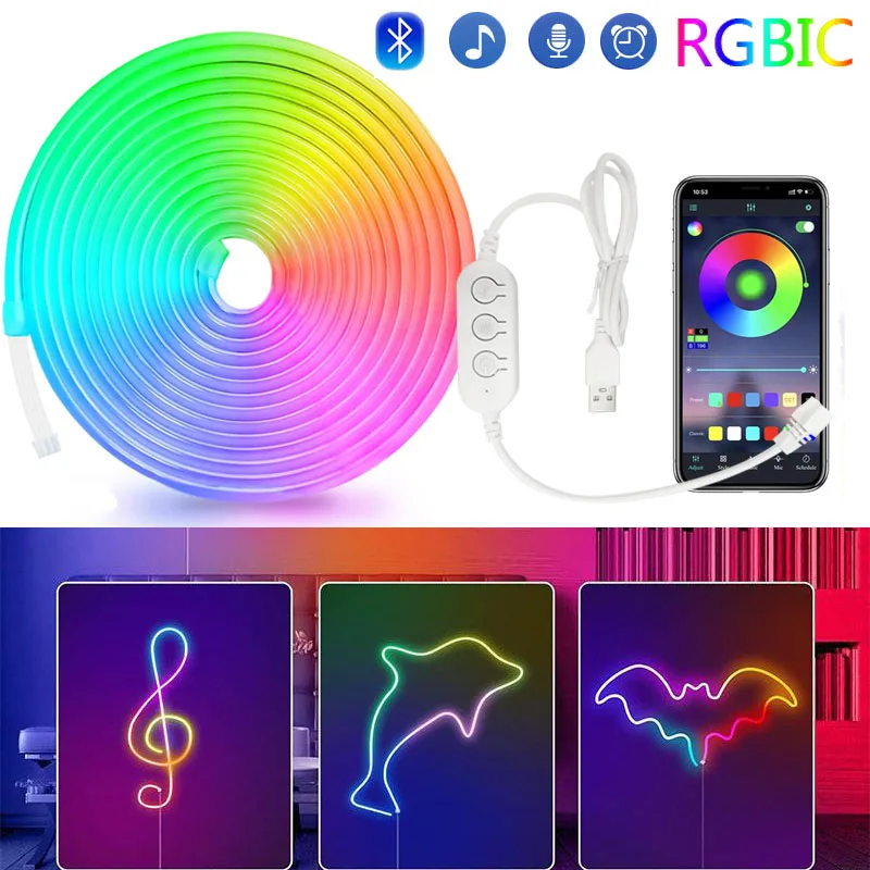 

5 В USB RGBIC Неоновая светодиодная лента 1/2/3/4/5M IP65 RGBIC Неоновая лампа с приложением Bluetooth и пультом дистанционного управления Для DIY Неоновое декоративное освещение