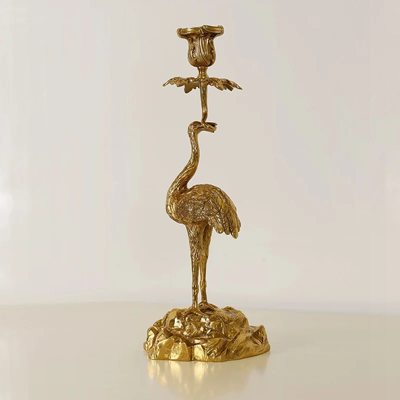 Elegant French - Inspired Brass Candlestick, Retro Luxury Design With Red - Crowned Crane, For European Villa Interiors