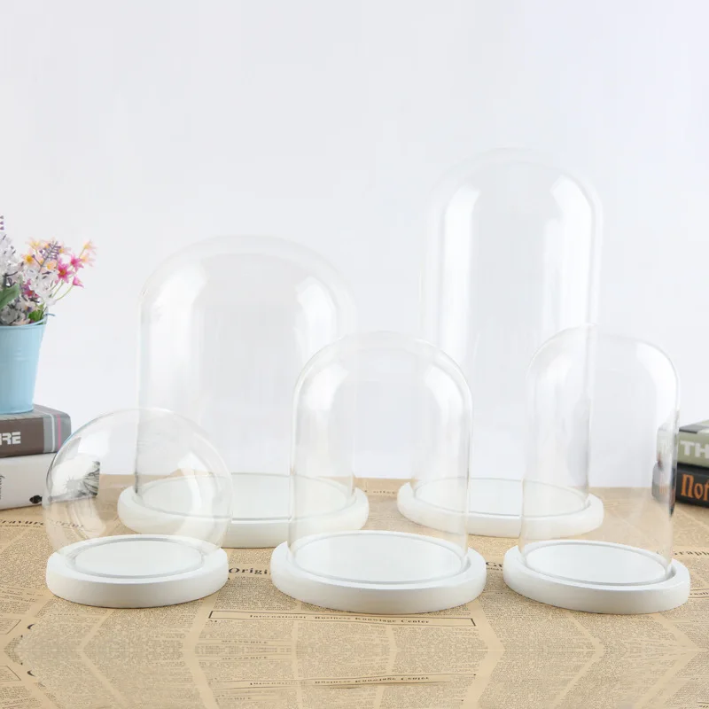 

Dia15cm 18cm Glass Dome Cloche Display White Wooden Base Home Decor Bedroom Desk Christmas Gift Glass Vase Doll House Toy Decor