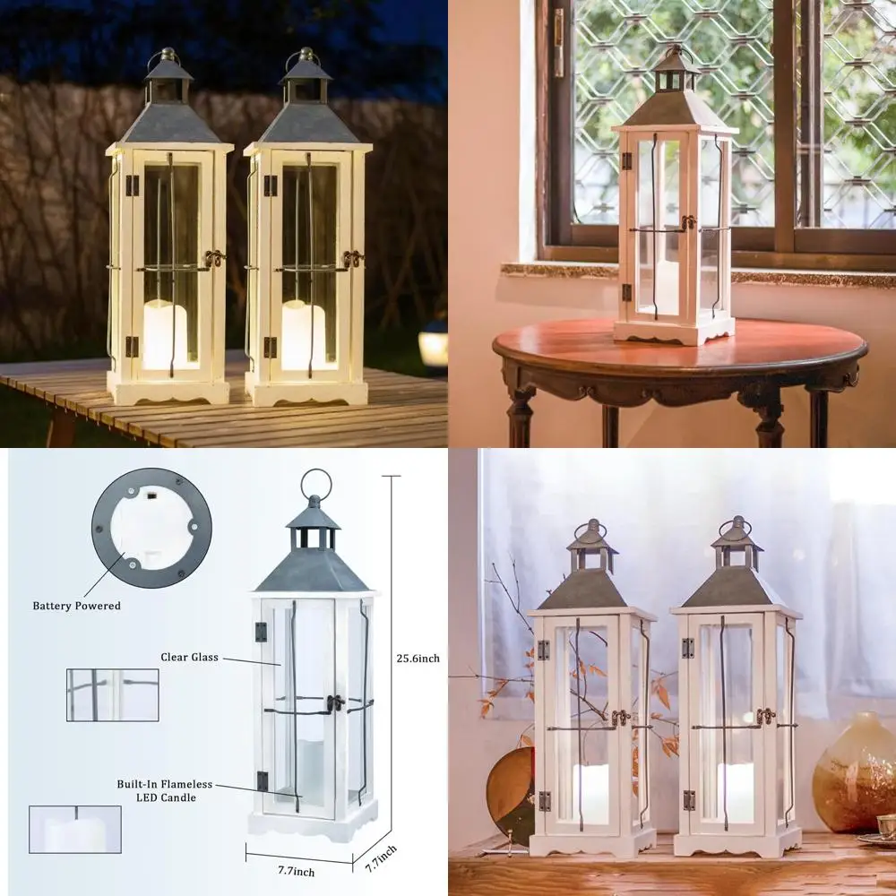 Rustikales weißes wasserdichtes Laternen-Set, 26 Zoll Metall und Holz, Fernbedienung und Timer, gehärtetes Glas, flammenlose Dekoration