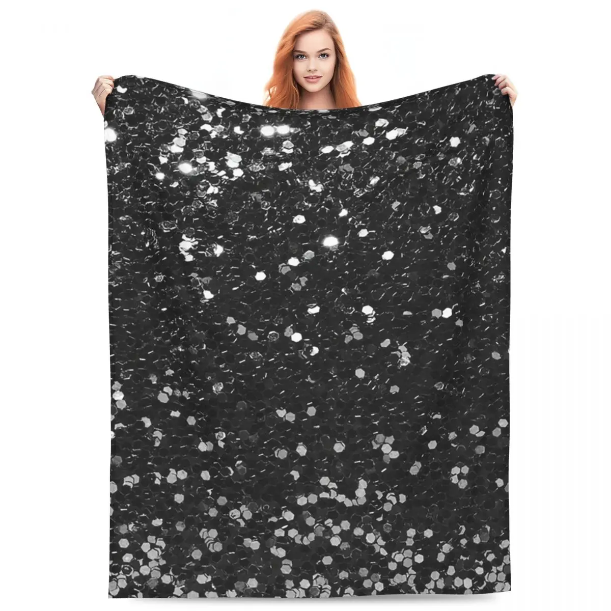 Black Glitter Look Chunky Sequin Blanket Flannel Sofa Throw Blanket Lightweight for Couch Bedding Throws Bedspread Quilt