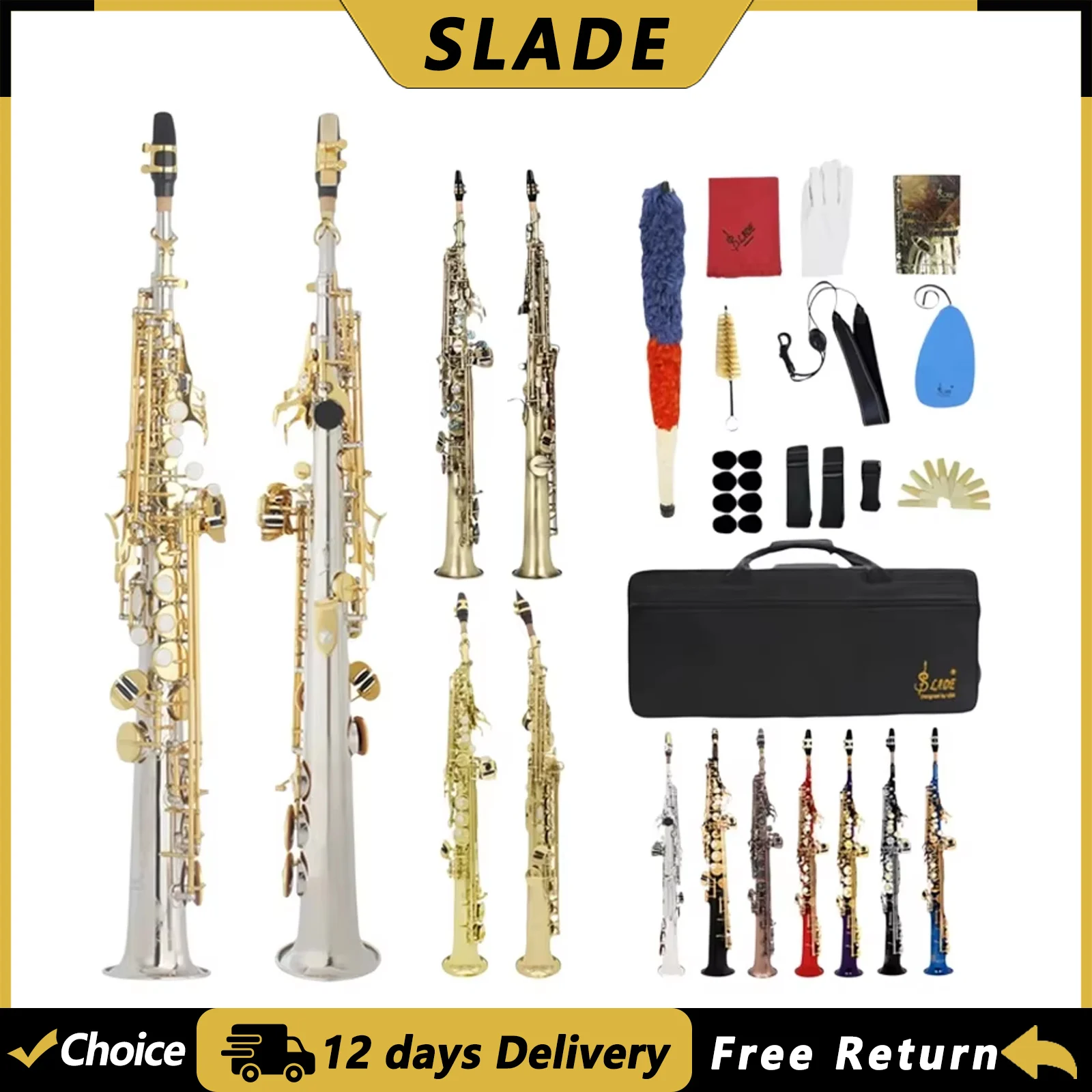 SLADE Brass Body Soprano Saxophone Bb Straight Sax Professional Woowind Instrument Saxfone with Case Reeds Parts & Accessories