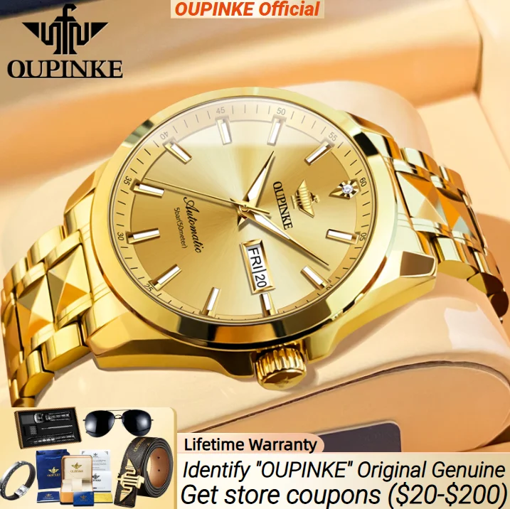 

OUPINKE настоящие бриллиантовые мужские часы с двойным календарем, роскошные наручные часы, водонепроницаемые светящиеся классические деловые механические часы