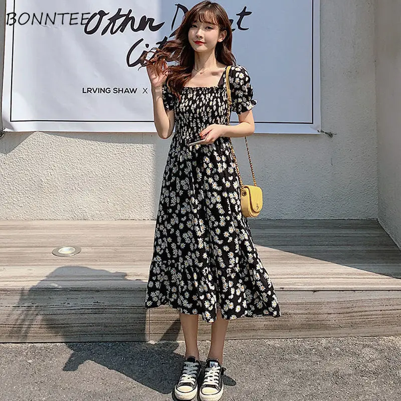 Dress Women Daisy-printing Elegant Various Design Square Collar Sweet Lady All-match Leisure Holiday Sundress Korean Style Cozy