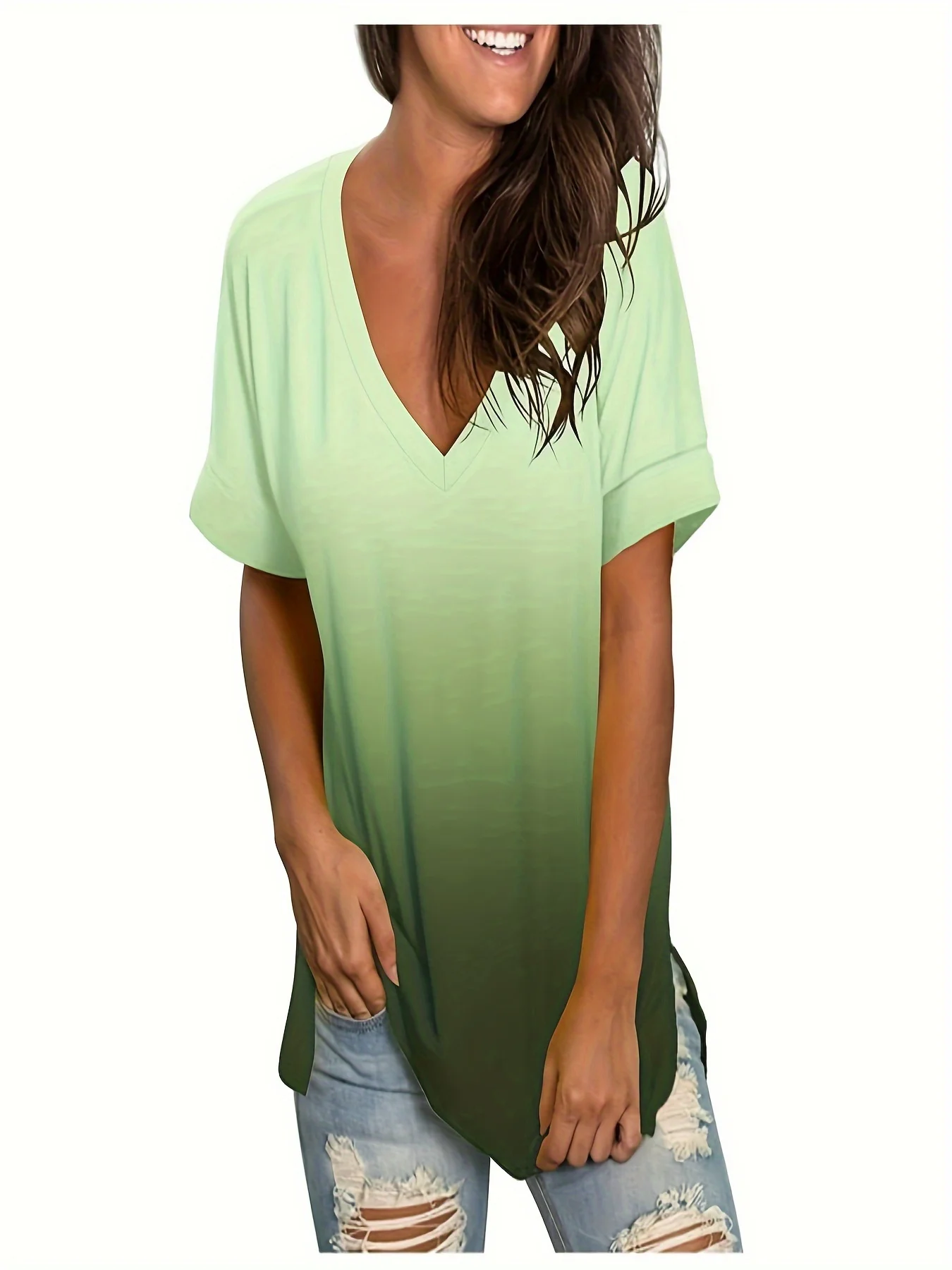 

Large Gradient V-neck T-shirt - Casual Polyester Stretch Spandex Knitted Top, Machine Washable - Summer