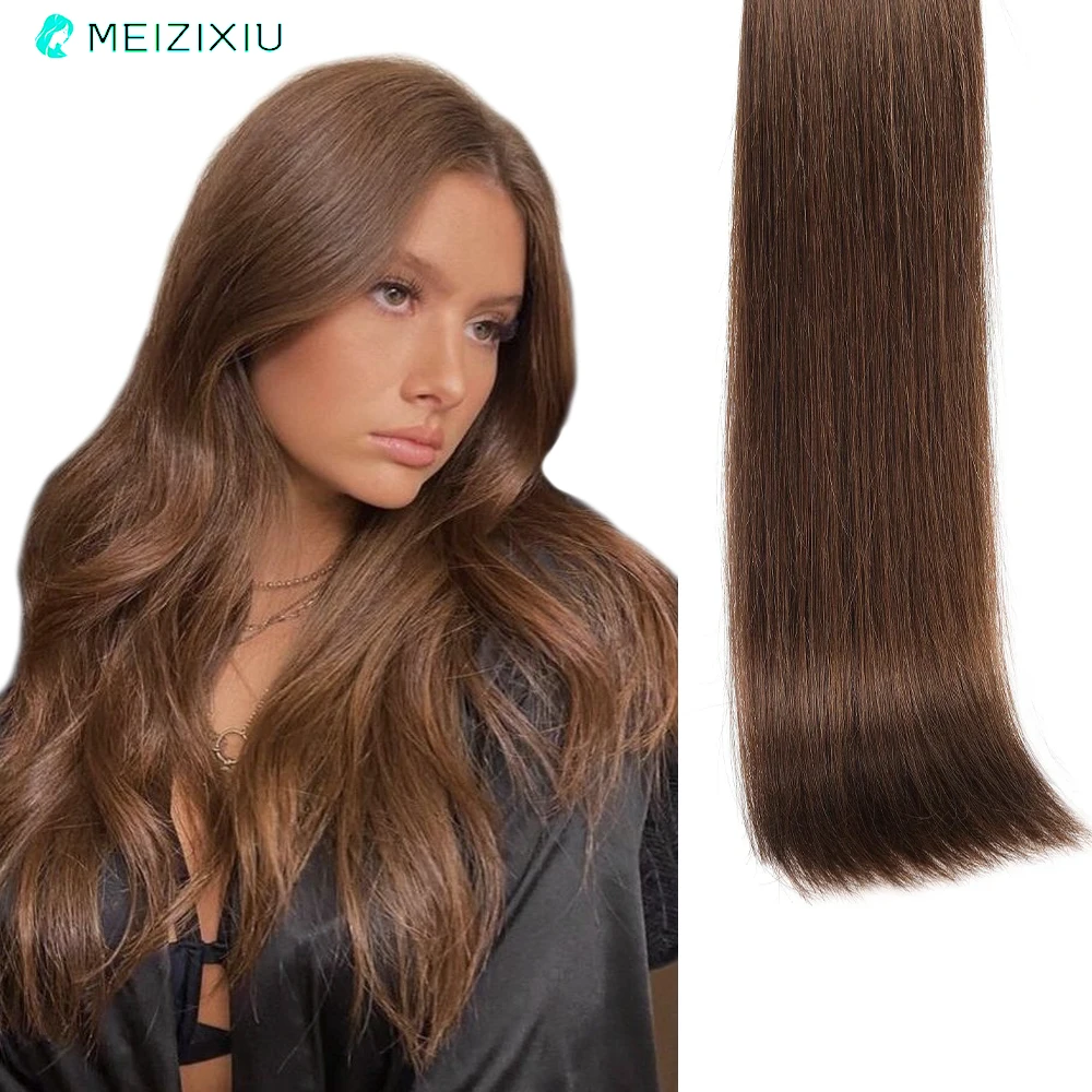 Extensions de cheveux humains à clipser pour femmes, cheveux raides bruns, vraie dentelle, ajouter des cheveux, tête complète, 8 pièces