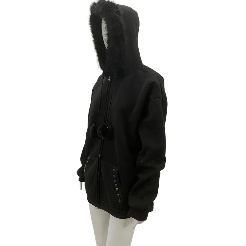 

Large fur collar casual hooded solid color zipper cardigan sweater American retro women's fall and winter fashion new tops Y2K