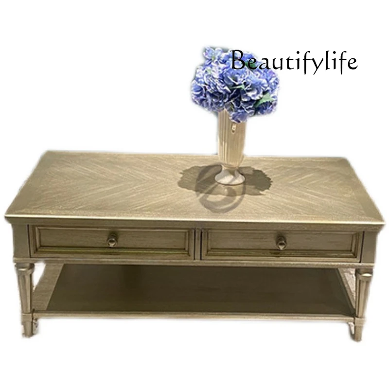 

Light luxury solid wood coffee table champagne silver old rectangular coffee table French furniture customization