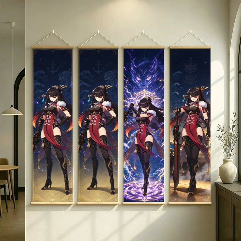 Hanging Scroll Wall Art of Genshin Impact Beidou with Dark Violet Motifs, Silver Shimmer Canvas for an Anime Bedroom