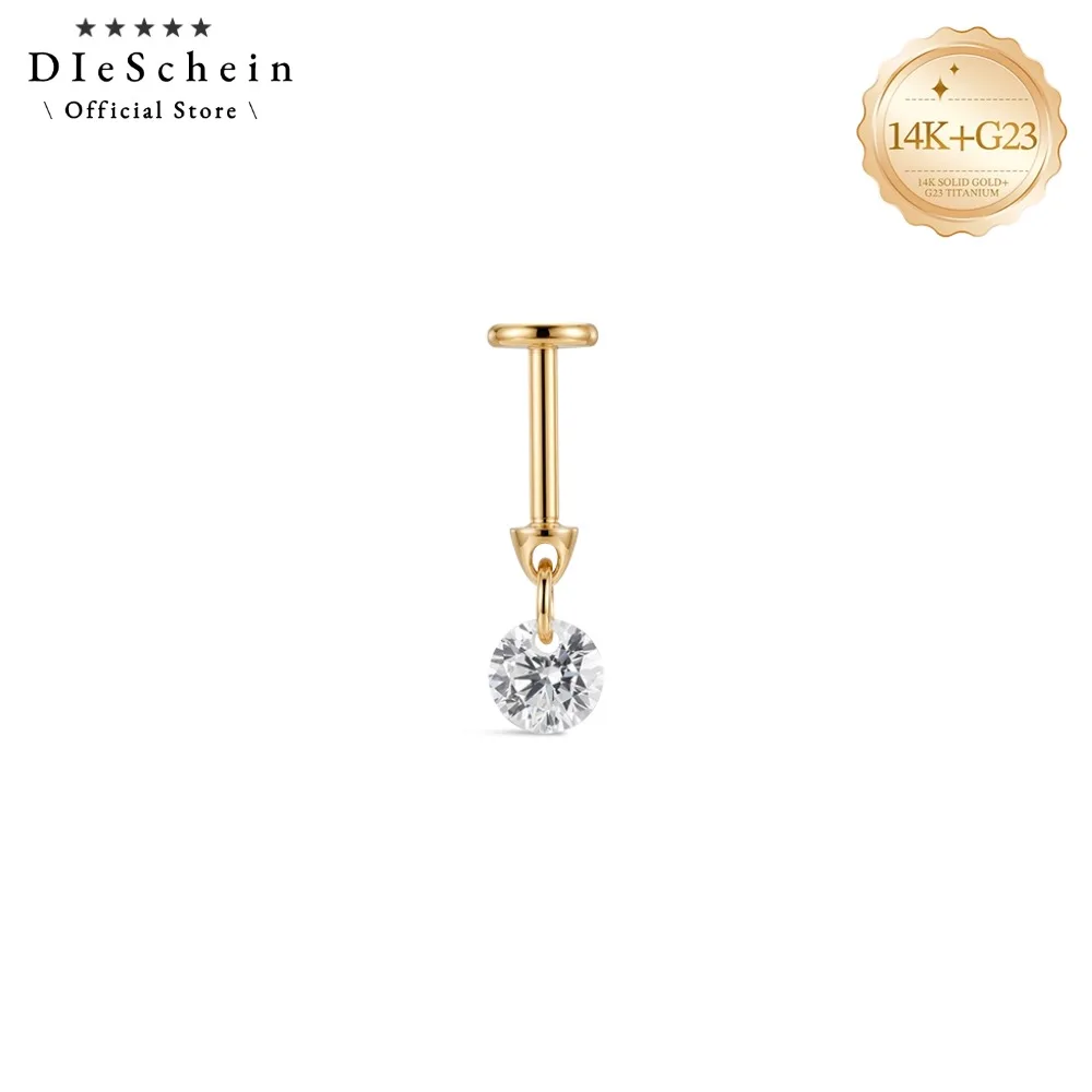 DIeSchein 14K Solid Gold Flat Back Earrings Women Drop Single Crystal Piercing Stud Internal Thread Labret Flat Back Earring
